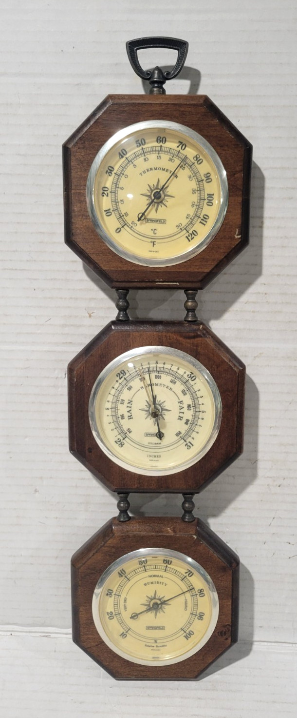 Vtg Springfield Barometer Thermometer Humidity 3pc Wooden Wall Decor