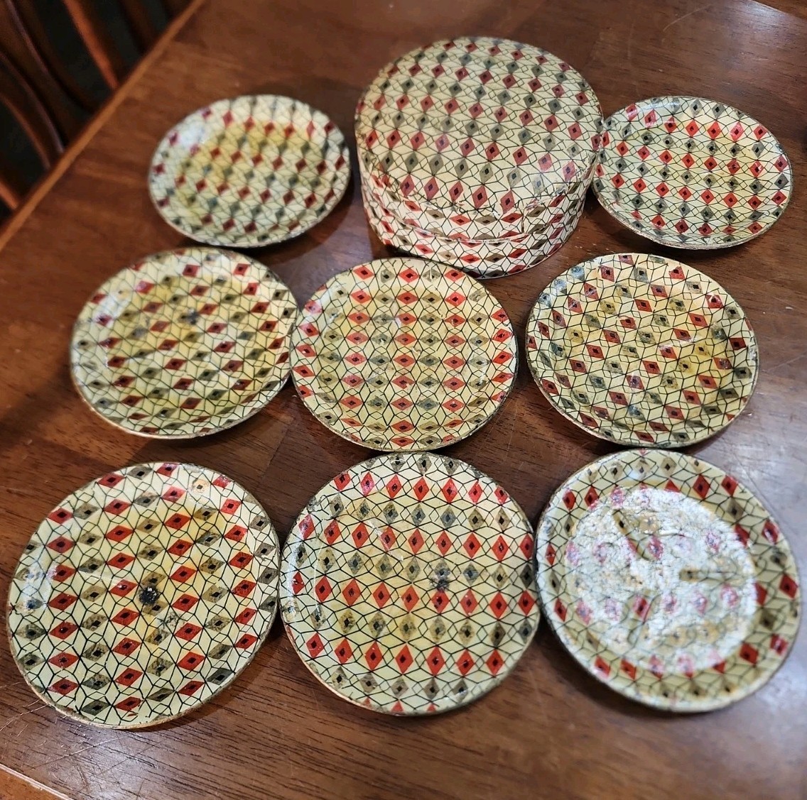 Vtg Alfred Knobler Paper Mache Coasters Alcohol Proof Japan boxed Round Set of 8