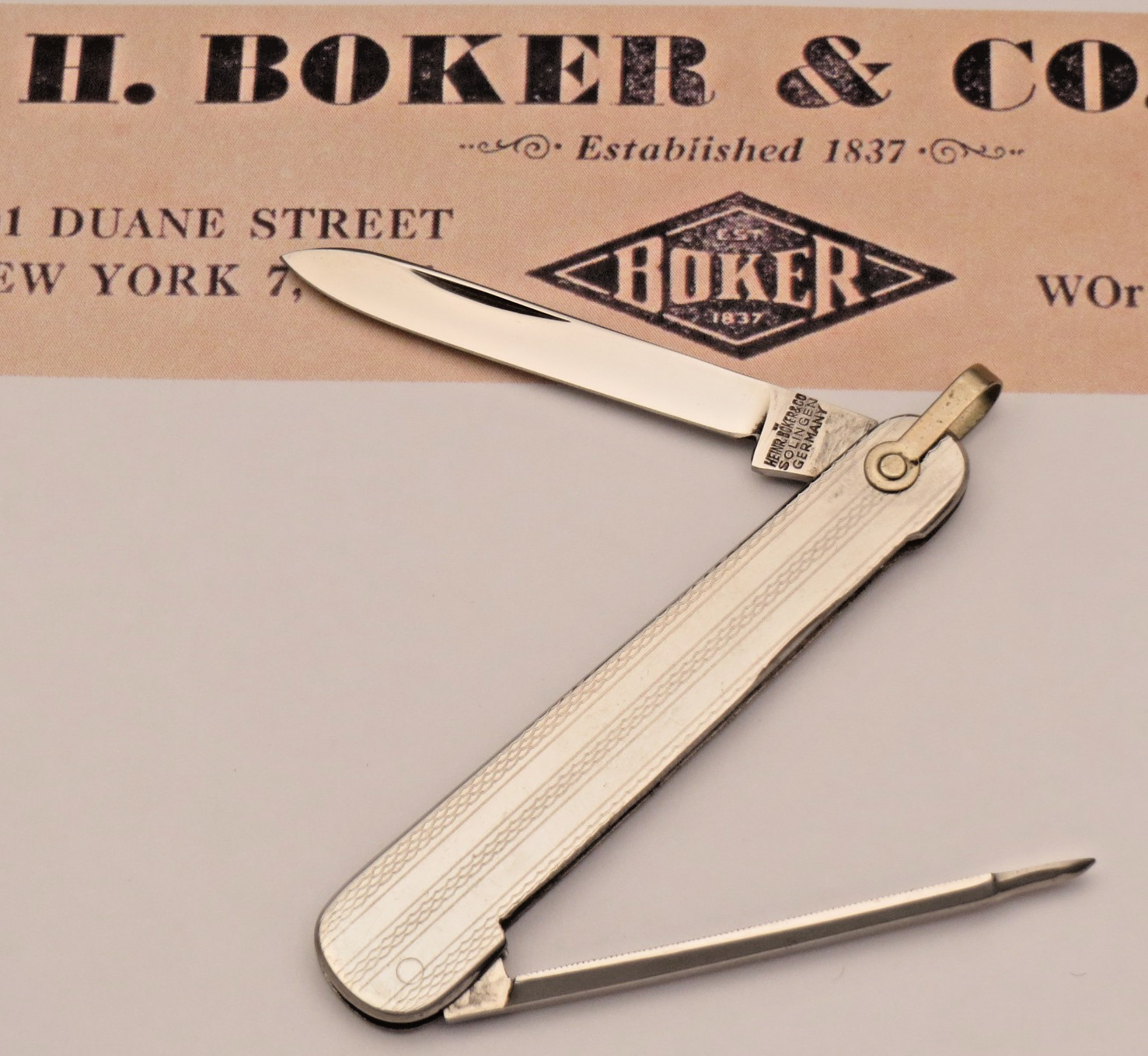 Vintage HEINR BOKER SOLINGEN Watch Fob Lobster Penknife Patterned Metal Handles