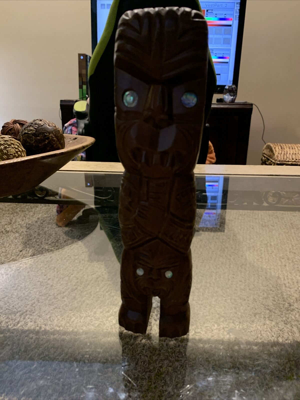 Vintage Maori Tiki God Hand Carved Wooden Statue Paua Shell Eyes 9.5”