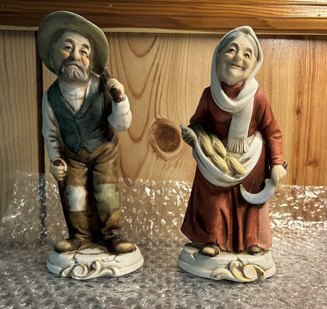 Vintage Old Man  & Woman Peasant /Farmer Woodsman  Figurines Bisque Finish