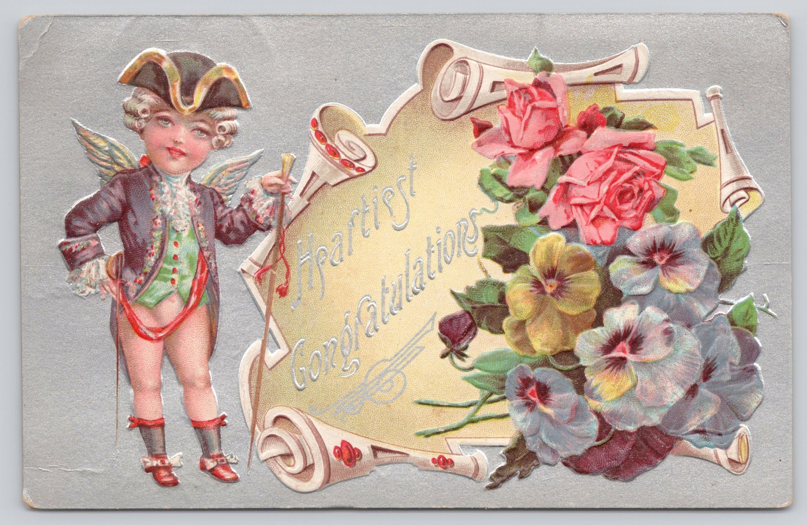 Heartiest Congratulations Embossed Cupid Colonial Boy 1909 Postcard