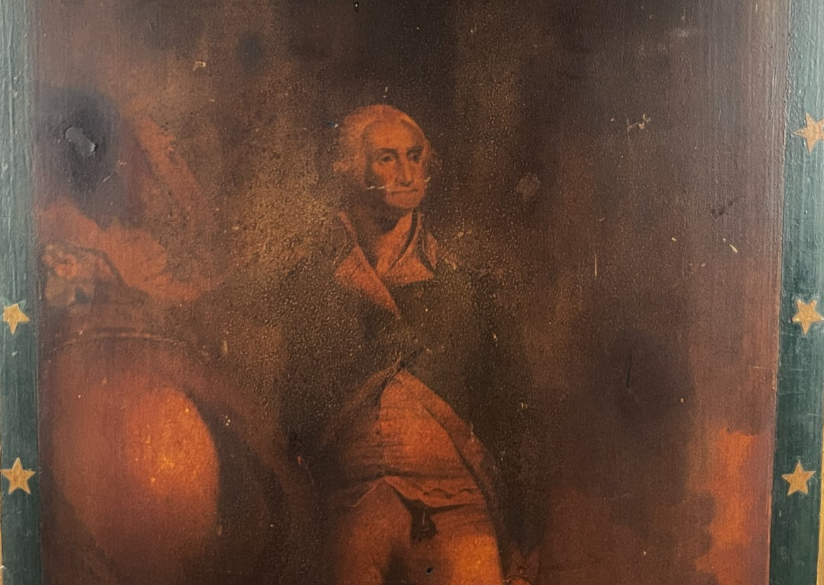 Antique George Washington Folk Art Sign Litho on Wood, Patriotic Parade Banner