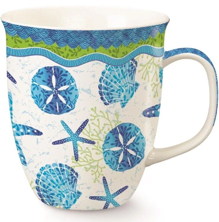Beach Batik Blue Shells Starfish Sand Dollar Coffee Cup Mug Cape Shore