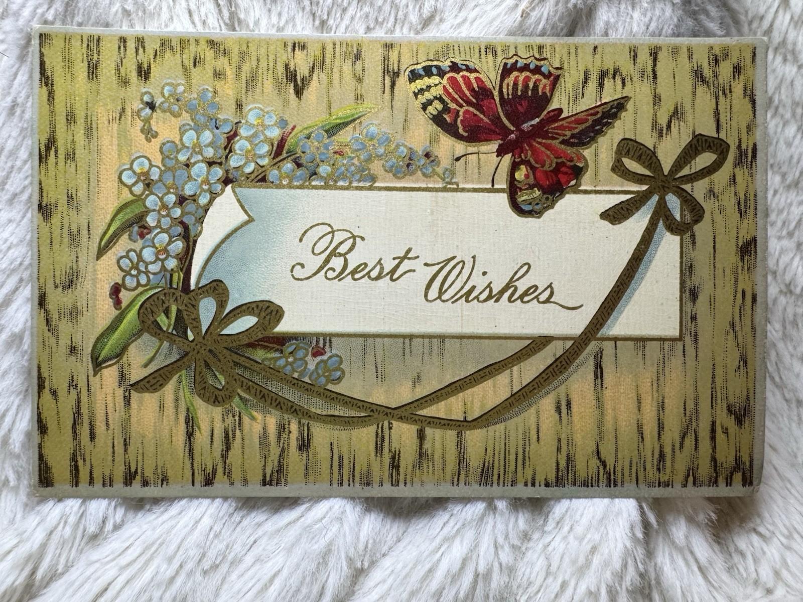 Antique “Best Wishes” Butterfly & Blue Flowers Postcard c. 1907–1915 Ephemera