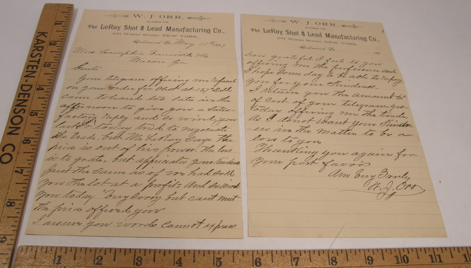 ANTIQUE 1877 LeROY SHOT LEAD MFG CO LETTERHEAD LETTER RICHMOND VA W J ORR