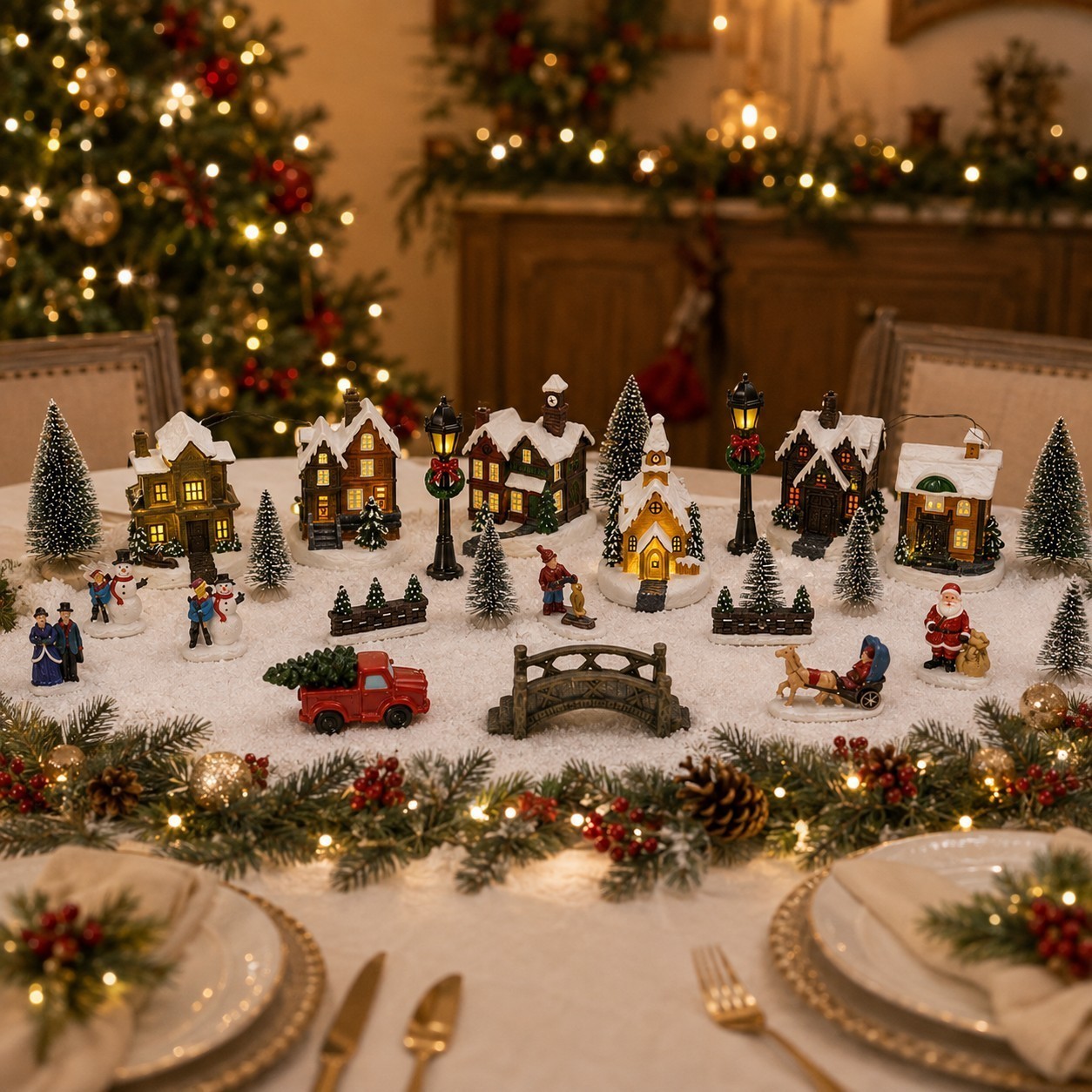 25 Pcs Christmas Village Set Figurines LED Lighted Village Houses Christmas Deco