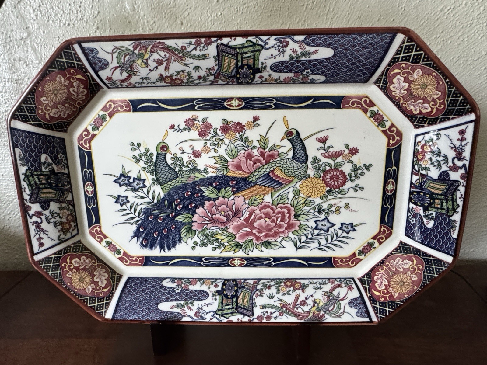 Vintage Japanese Kutani Seiho Octagonal Platter Peacock Peony Floral Gold Trim