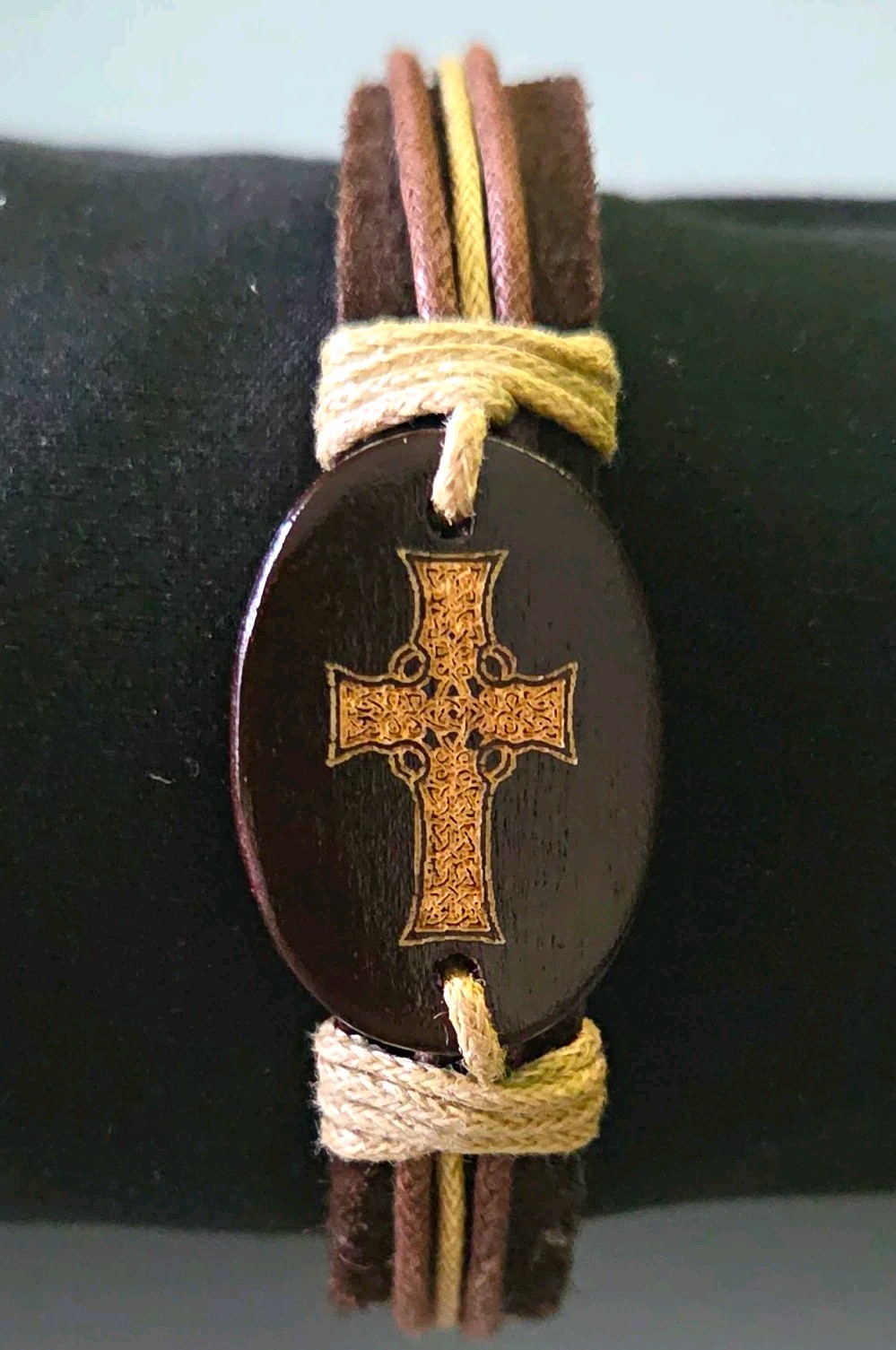 Irish Celtic Cross  Bracelet Brown Faux Leather Adjustable Bracelet