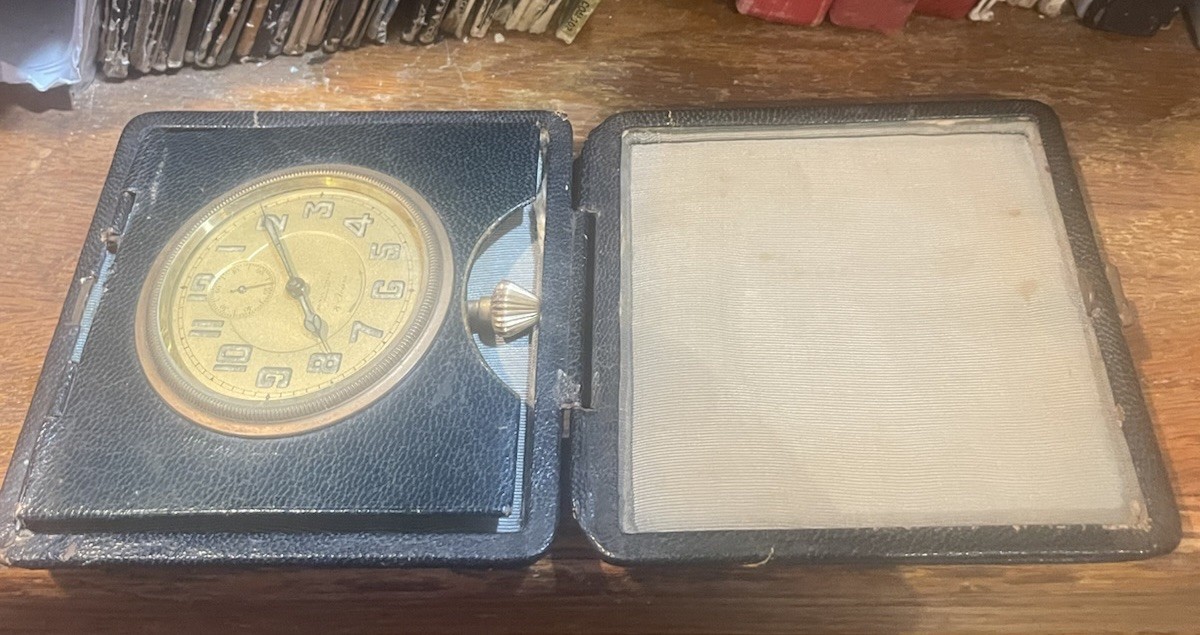 Antique Roman Mayer Swiss Travel Clock 8 Day In Leather Case