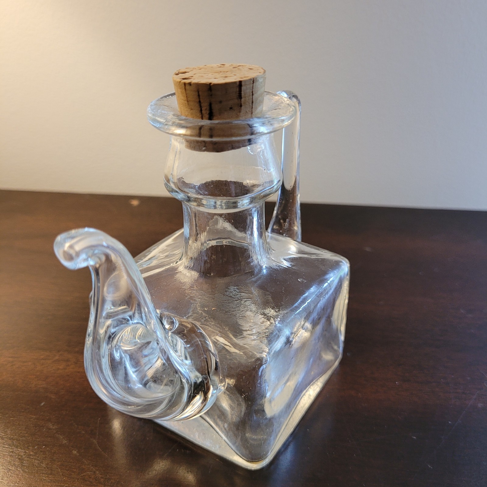 Vintage Clear Glass Square Cruet  With Handle And Cork Stopper