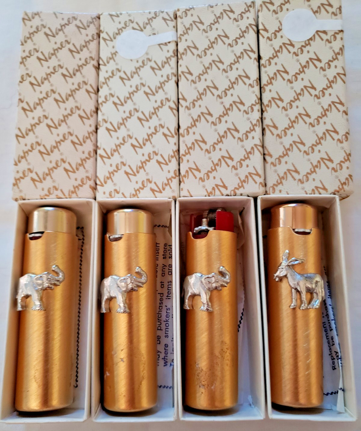 RARE VTG 4 BRASS NAPIER ELEPHANT & DONKEY LIGHTERS IN ORIGINAL BOXES 3