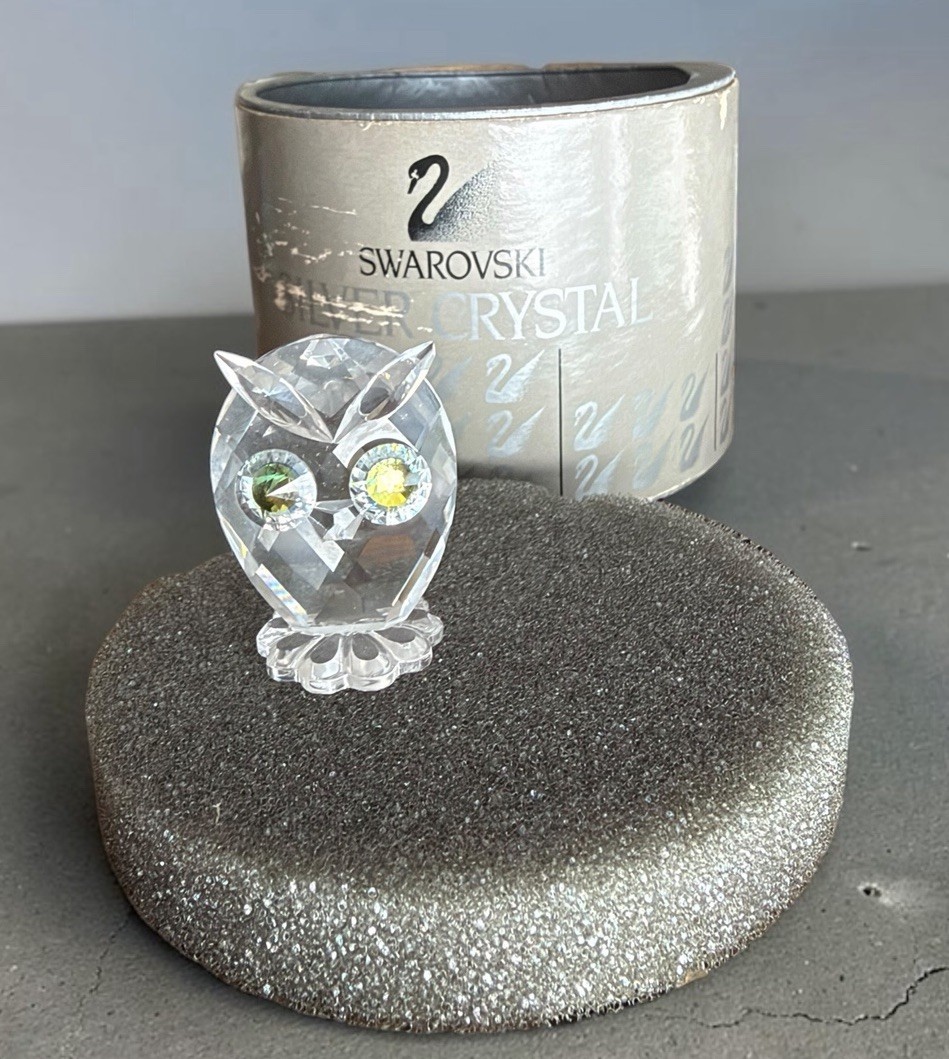 Swarovski Crystal Mini Owl Figurine 010014 Green Eyes Retired 1979 Box Chips