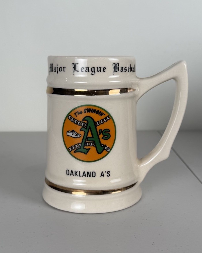 Vintage Oakland Athletics Swinging’ A’s Ceramic Beer Mug Stein Gold Trim