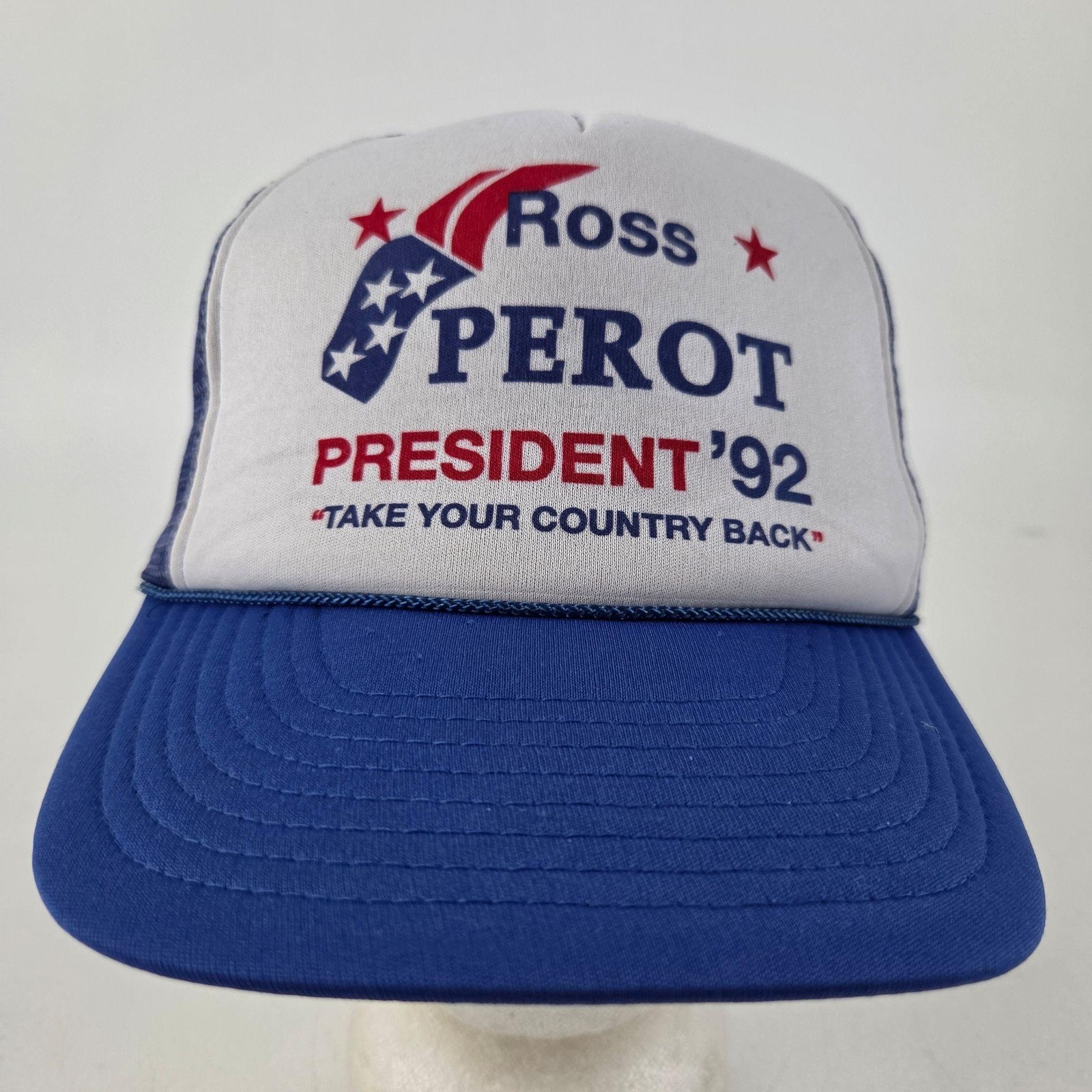 Vintage Ross Perot President \'92 Trucker Hat Mesh Blue White Adjustable Snapback