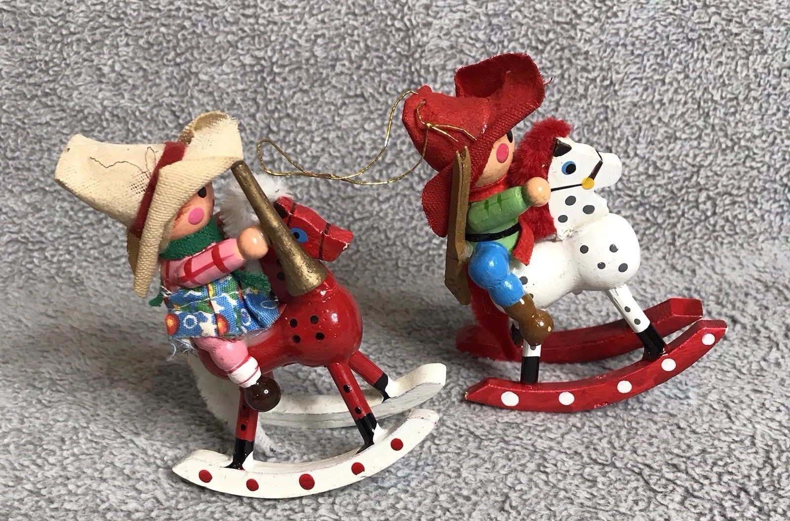 Rare Vintage Cowboy & Cowgirl Rocking Horse Christmas Wood Ornaments Hand Paint
