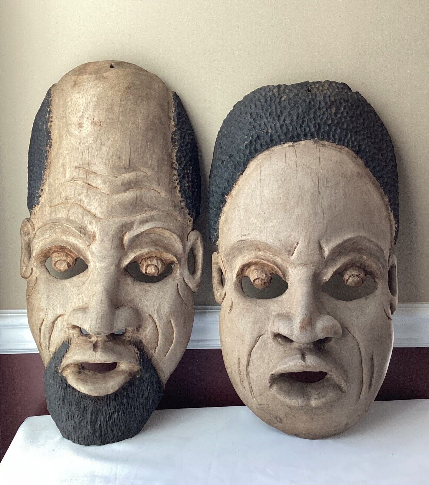 Pair Of VTG Extra Large Mexican Michoacan Style Wooden Wall Masks, 23\