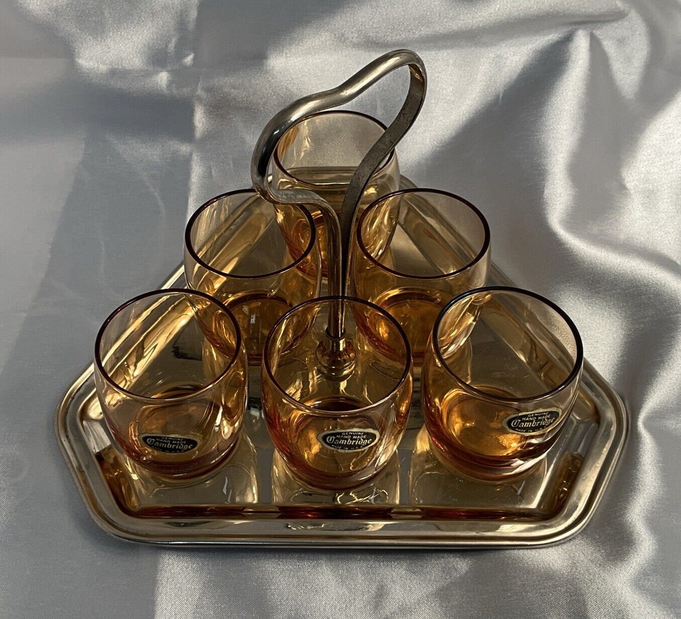 FARBER BROS KROME KRAFT WITH SIX AMBER  CORDIAL GLASSES & CENTER HANDLE TRAY