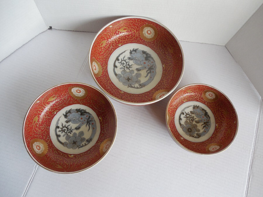 3 x Antique Japanese Plate Old Imari Kinrande handpainted bowl set