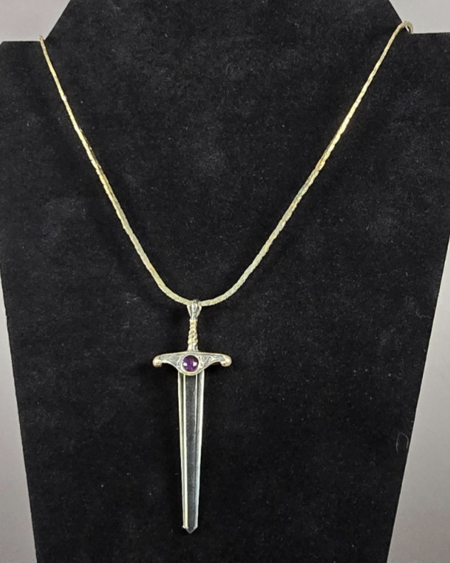 Vintage Renaissance Faire Sword Pendant Necklace Clear Crystal Glass Purple Ston