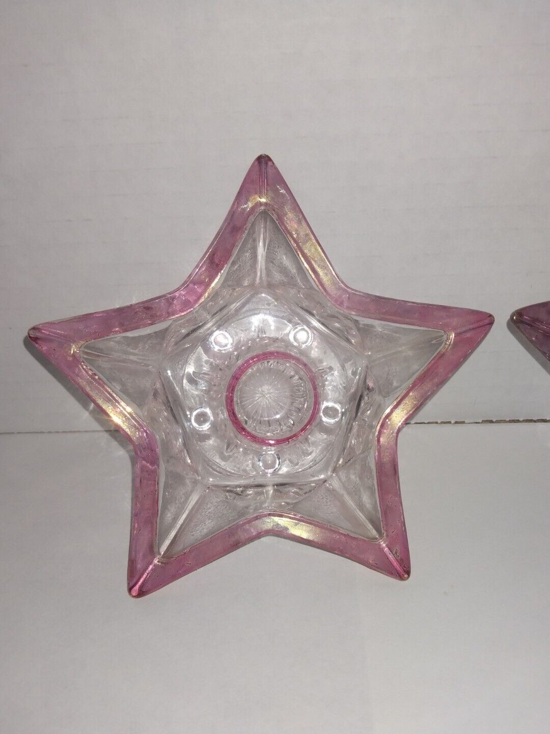 2 Vtg Hazel Atlas Cranberry Iridescent Pink Carnival Glass Star Candle Holders