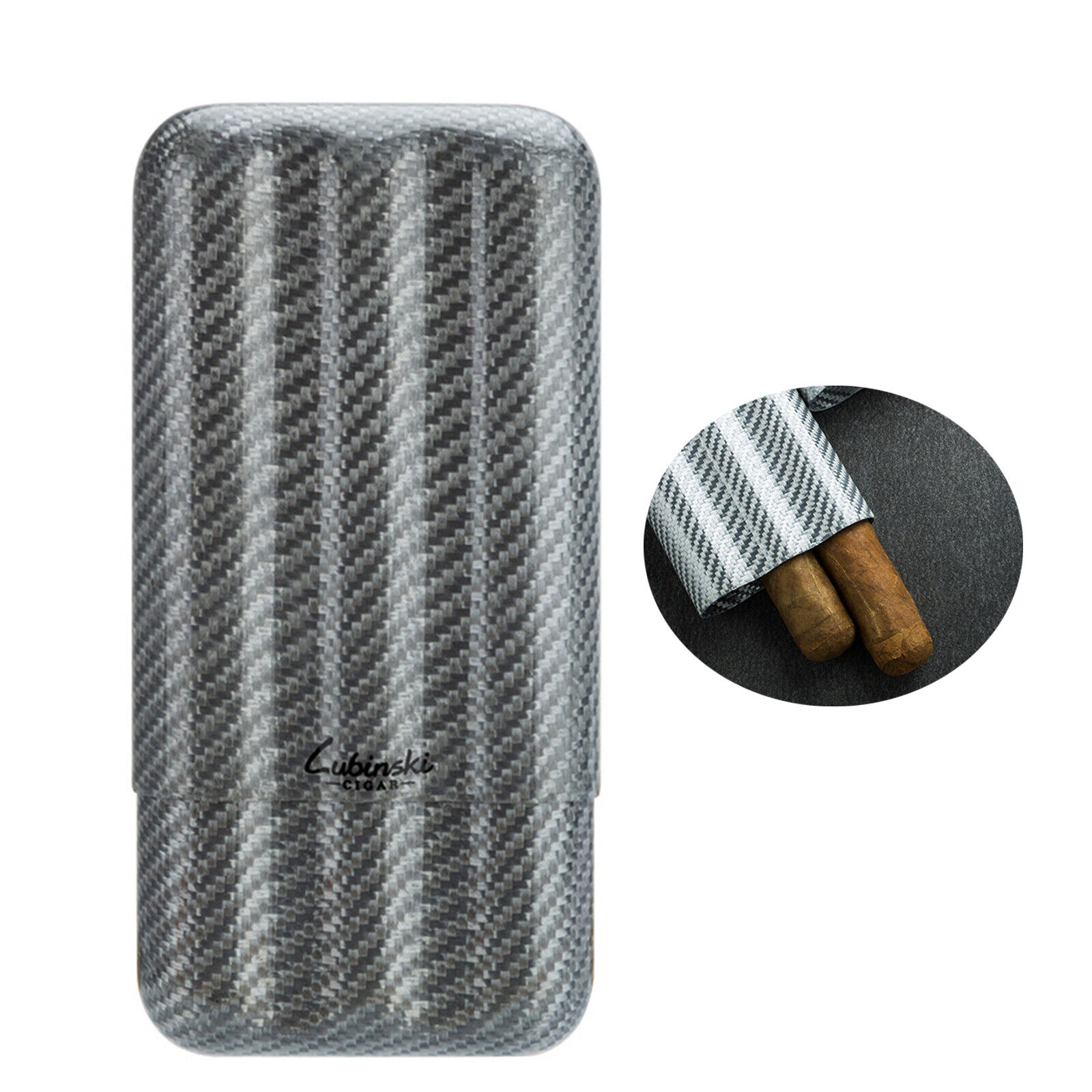LUBINSKI Travel Silver Cigar Case Humidor Cigar Holder 3 Tubes Carbon Fiber Case