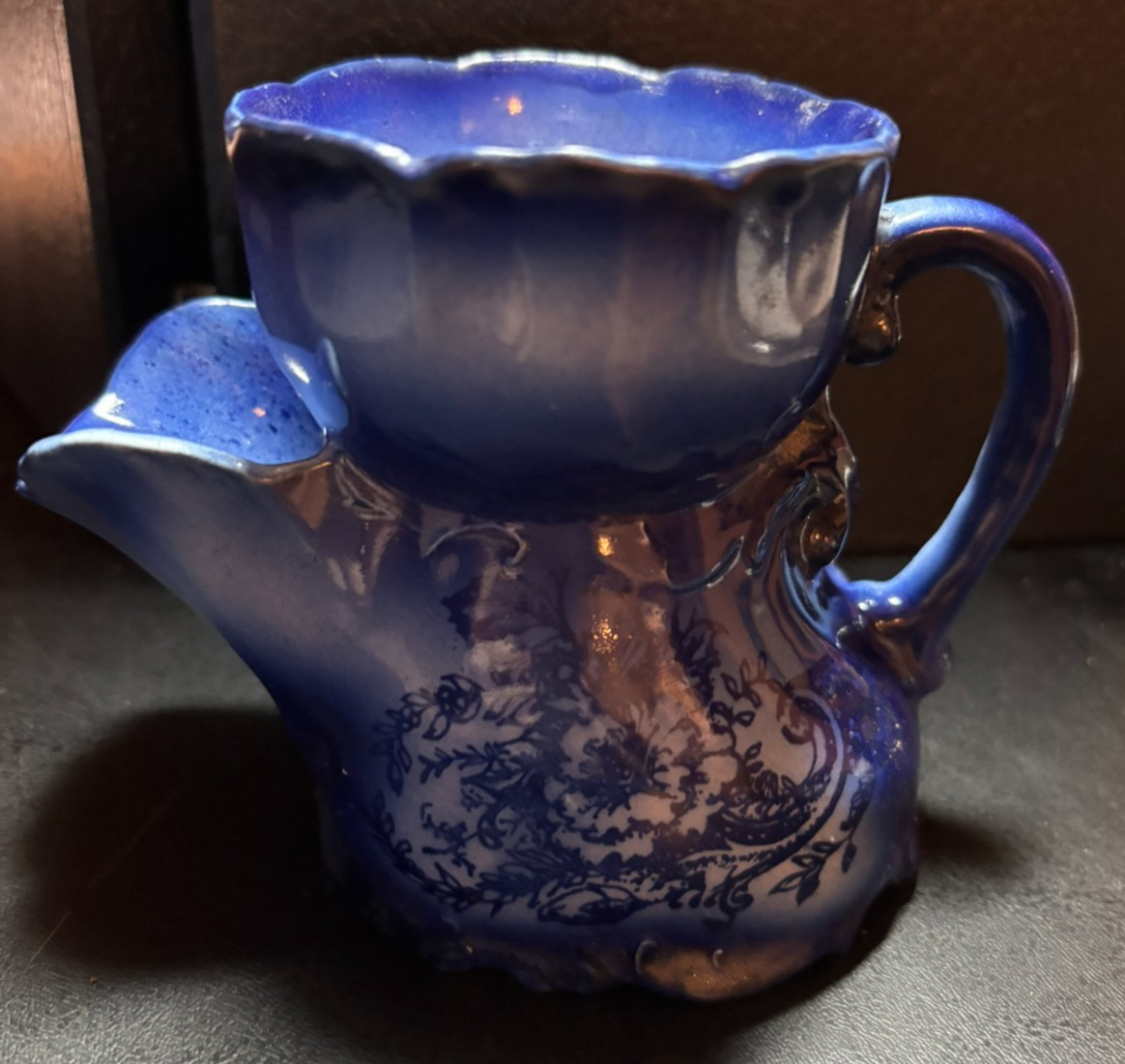 Antique Flow Blue Ironstone Shaving Scuttle Mug--Victorian Cobalt Transferware