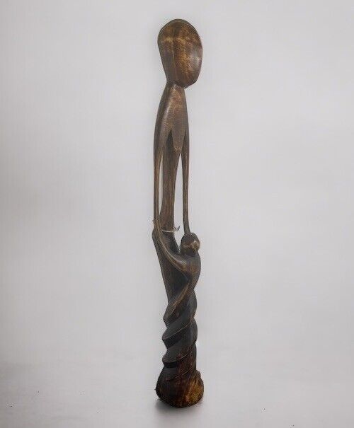 Vintage Hand Carved In Ghana Wood Art Woman And Child  Sculpture 24”H