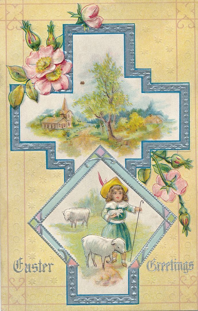 EASTER - Girl, Sheep and Country Scene Easter Greetings Postcard