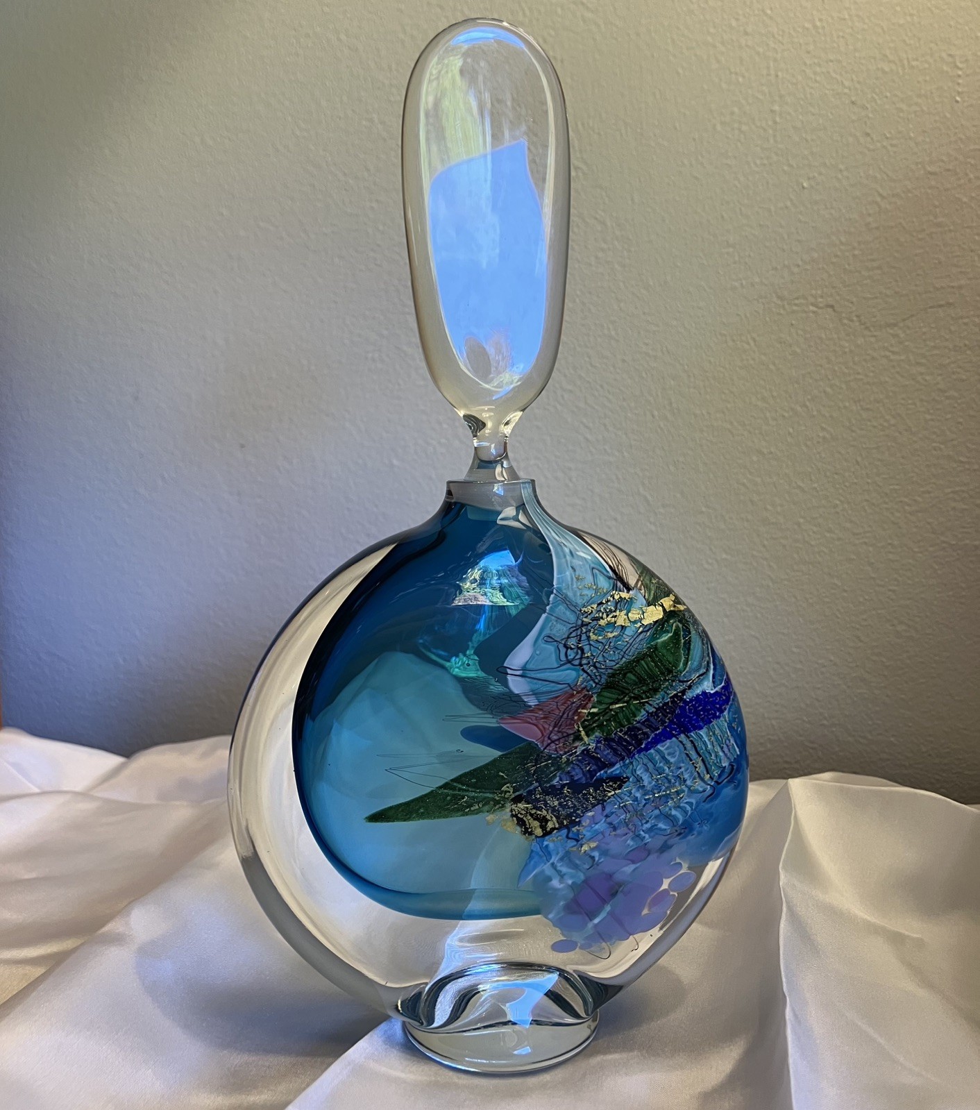 Rare Signed Studio Art Glass Perfume Bottle, 1993, Blue with Gold flecks, 9.5 in