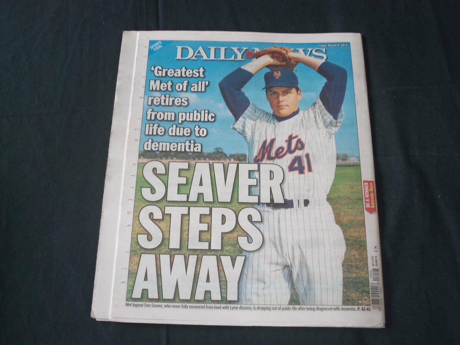 2019 MARCH 8 NEW YORK DAILY NEWS - TOM SEAVER - DEMENTIA - SEAVER STEPS AWAY