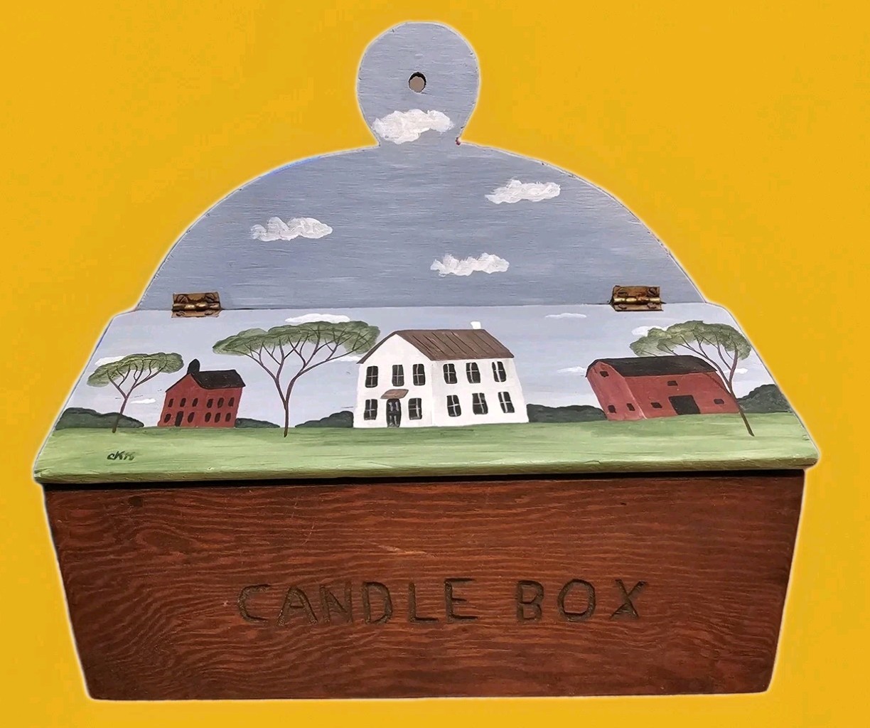Vintage Colonial Style Hand Painted Wood Hanging Candle Box With Lid 