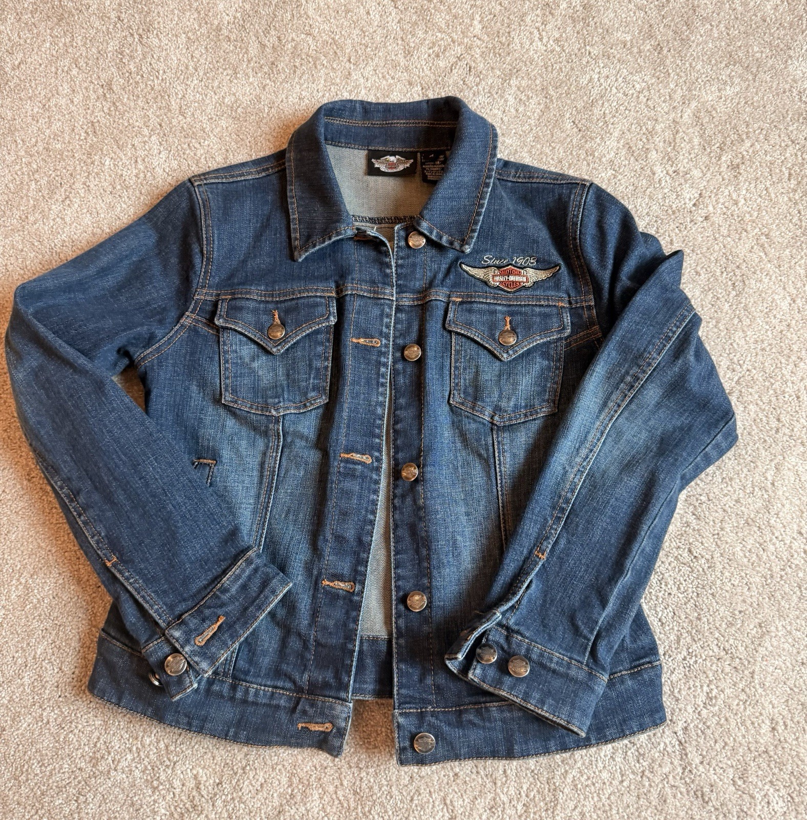 Harley-Davidson Blue Denim Jacket Womens Winged Logo Since 1903 Size M Medium