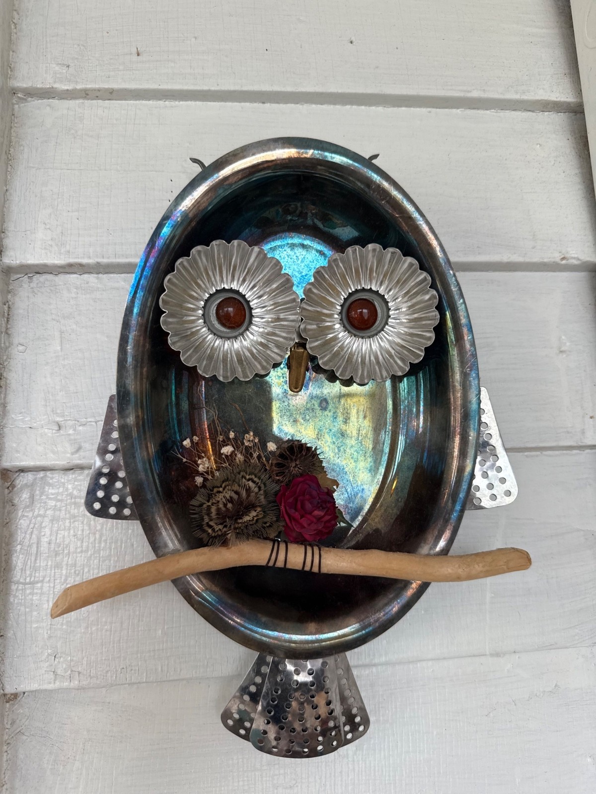 Vintage 70's Metal Recycled Owl Wall Art From Kitchen Parts Glass Eyes Vintage 70's Metal Recycled Owl Wall Art From Kitchen Parts Glass Eyes