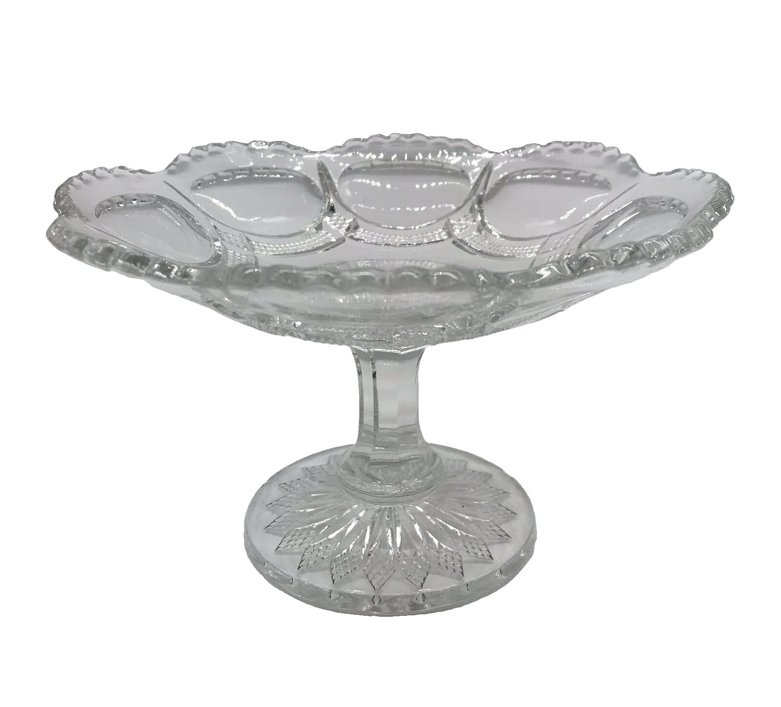 Vtg Pressed Clear Glass Pedestal Footed Compote Medallion Floral Detail