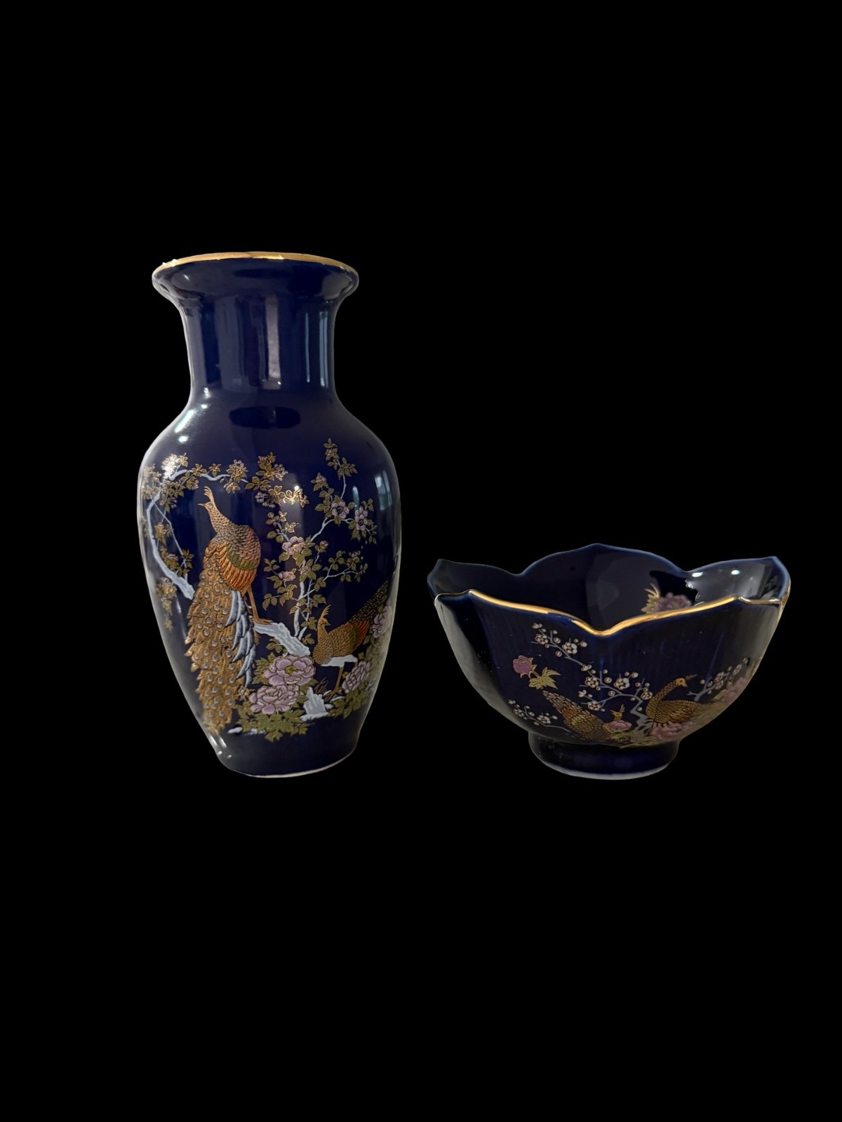 Cobalt Blue Peacock Vase and Scalloped Bowl Set