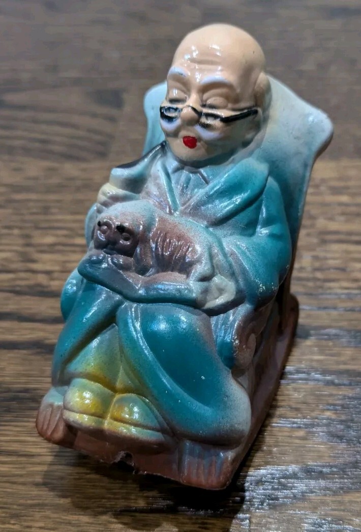 Vintage Hong Kong Retirement Fund Piggy Bank Old Man Rocking Chair Dog Pipe 6\