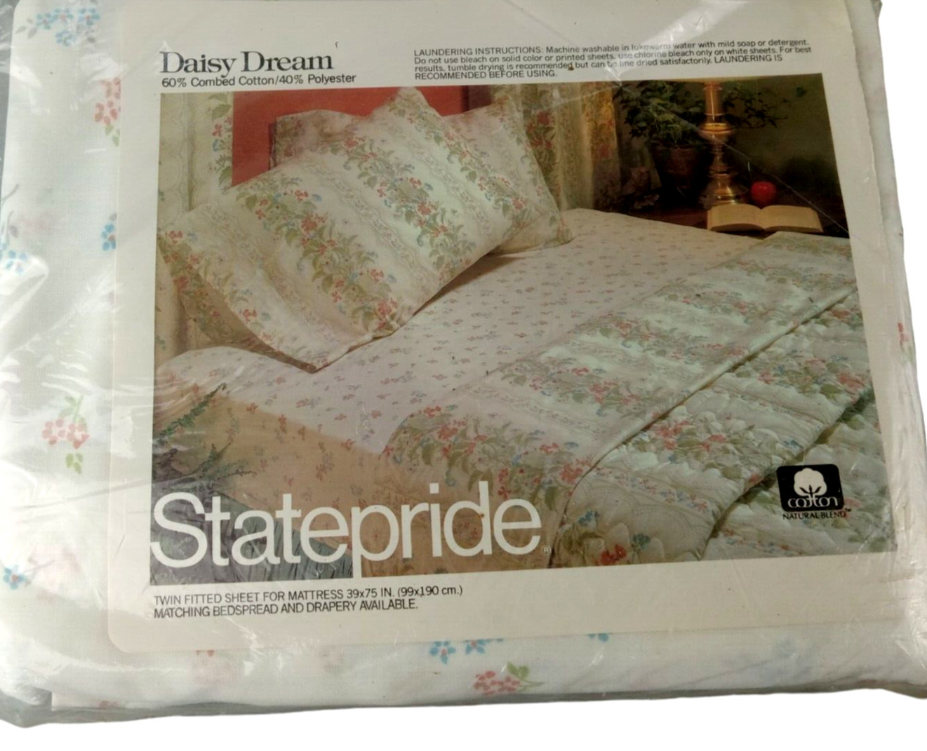 NOS Vintage STATEPRIDE DAISY DREAM White Retro Floral Twin FITTED Sheet NEW