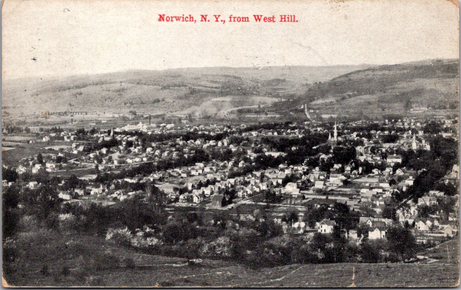 Postcard Aerial View from West Hill in Norwich, New York