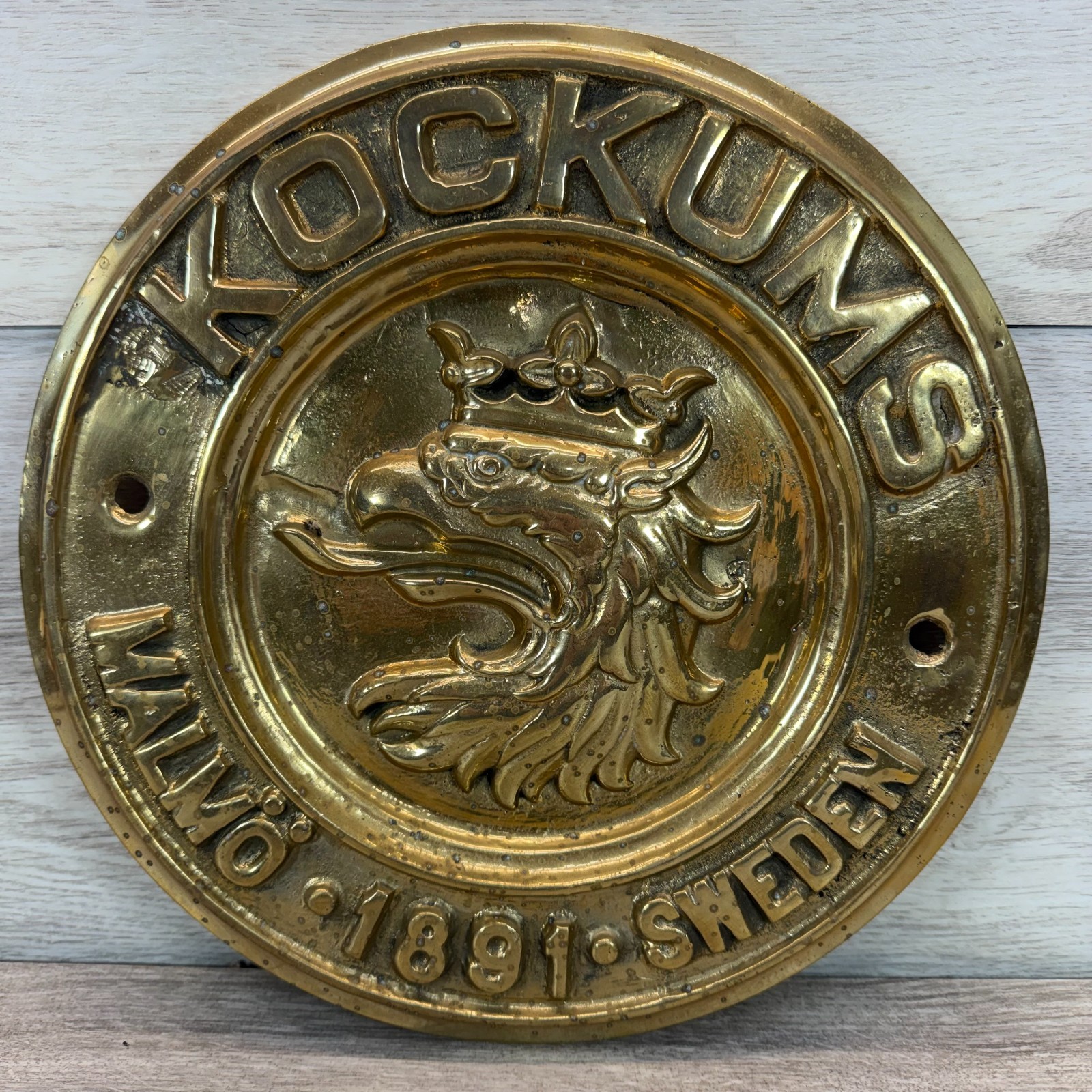Vintage Kockums Malmö 1891 Sweden Heavy Brass Shipyard Builder Griffin Plaque