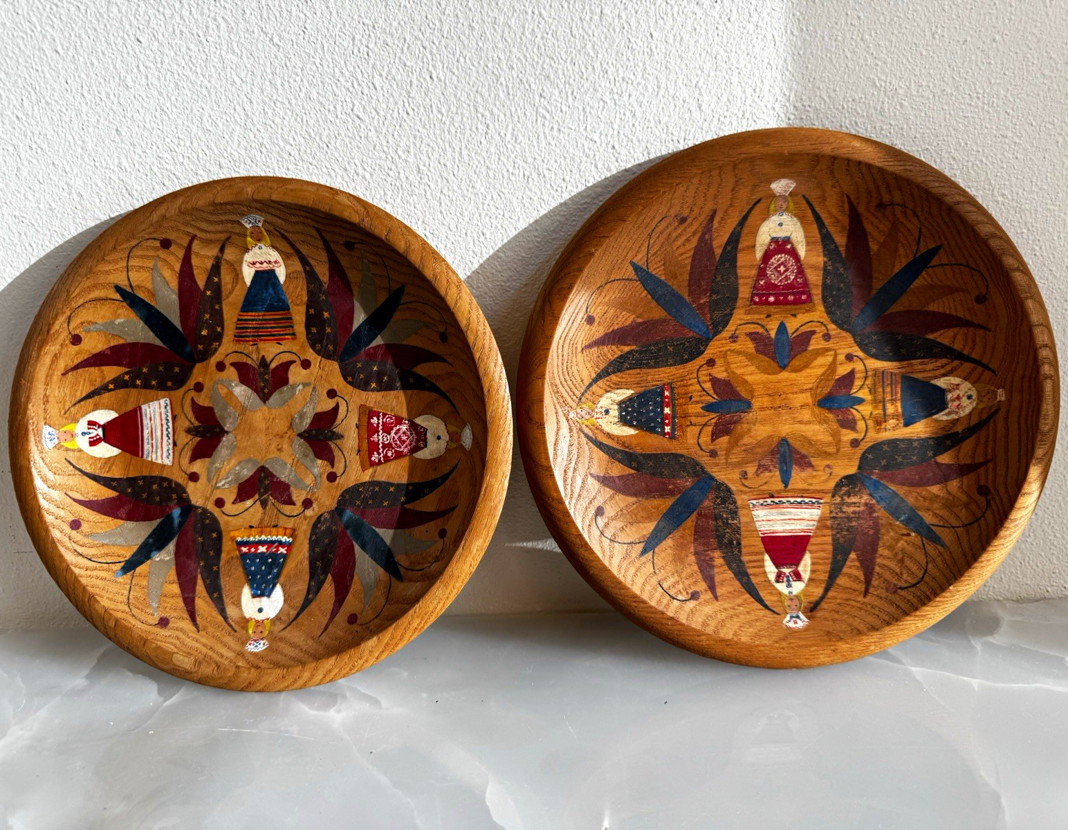 Vintage Estonian Handiwork Folk Art Painted Wooden Plates 7.5” - Set of 2