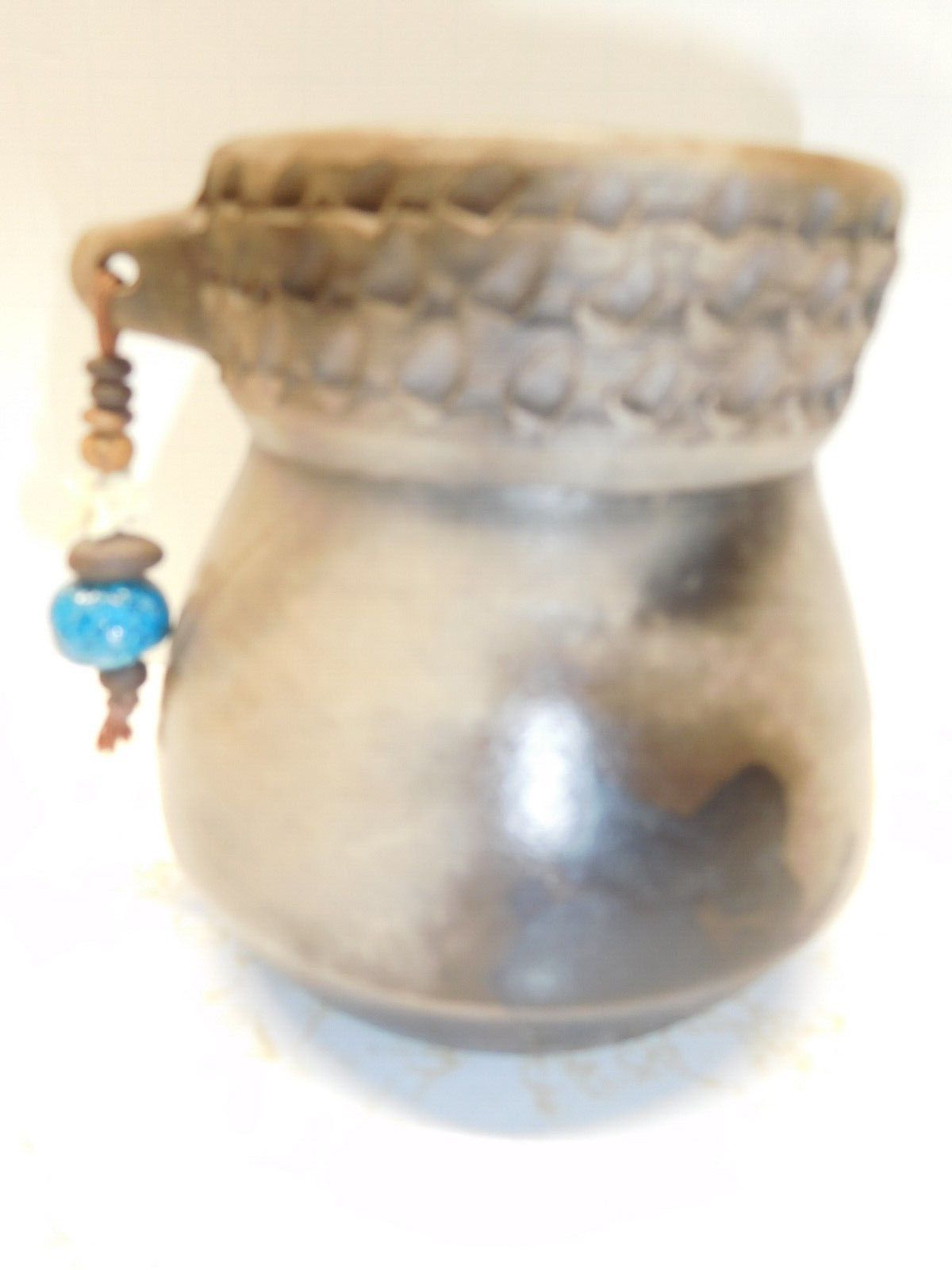 Vint. Native American Vertabre/Blue Bead Tassell Flower Vase by:Theodora Sockyma Vint. Native American Vertabre/Blue Bead Tassell Flower Vase by:Theodora Sockyma
