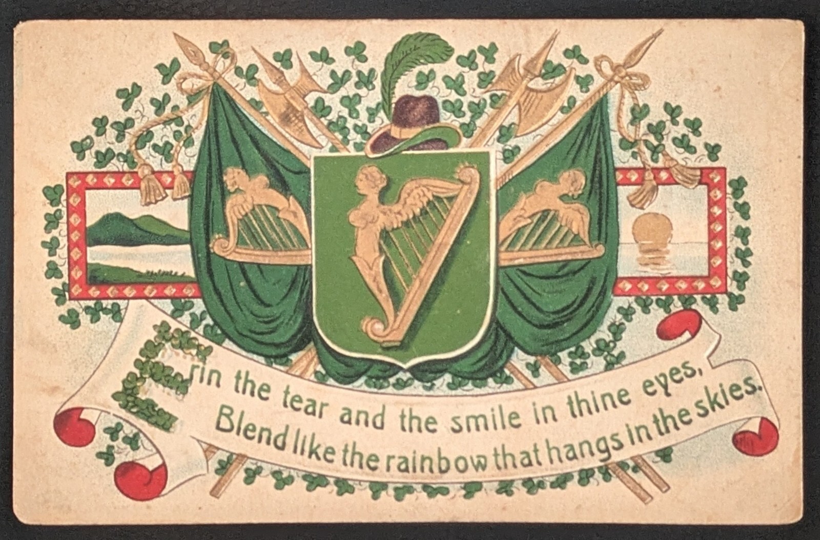 1909 St. Patrick's Day Embossed Postcard Shamrocks Erin's Isle Harp