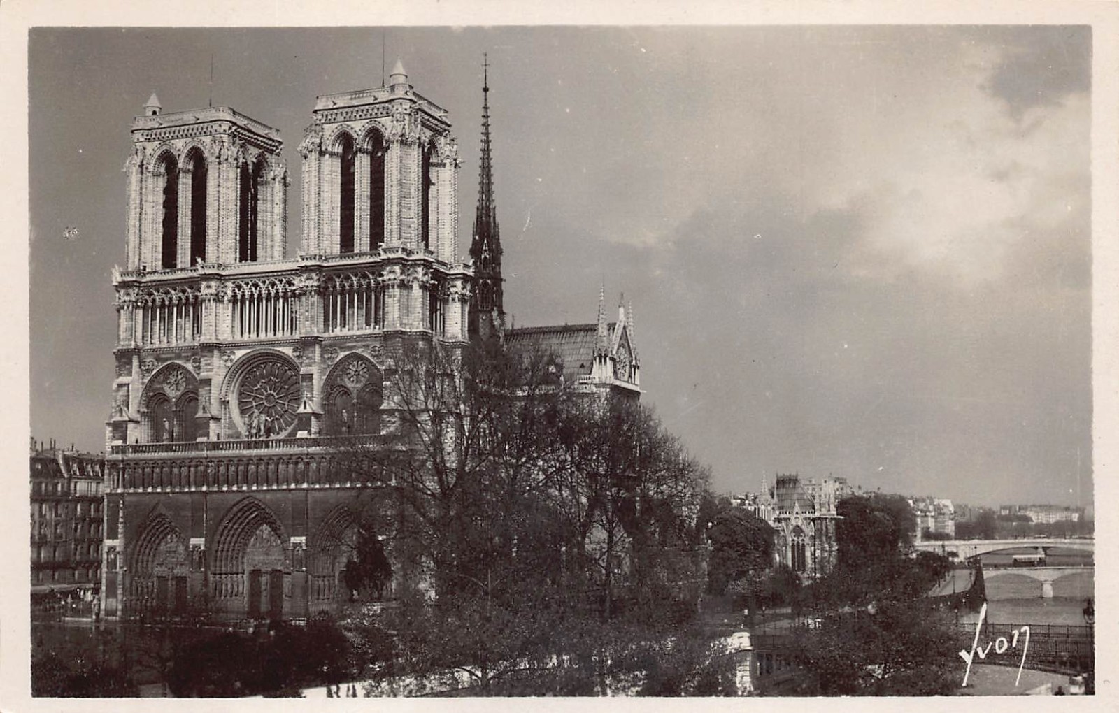 RPPC Notre-Dame Cathedral Paris 1930s Postcard France Rose Window Siene River