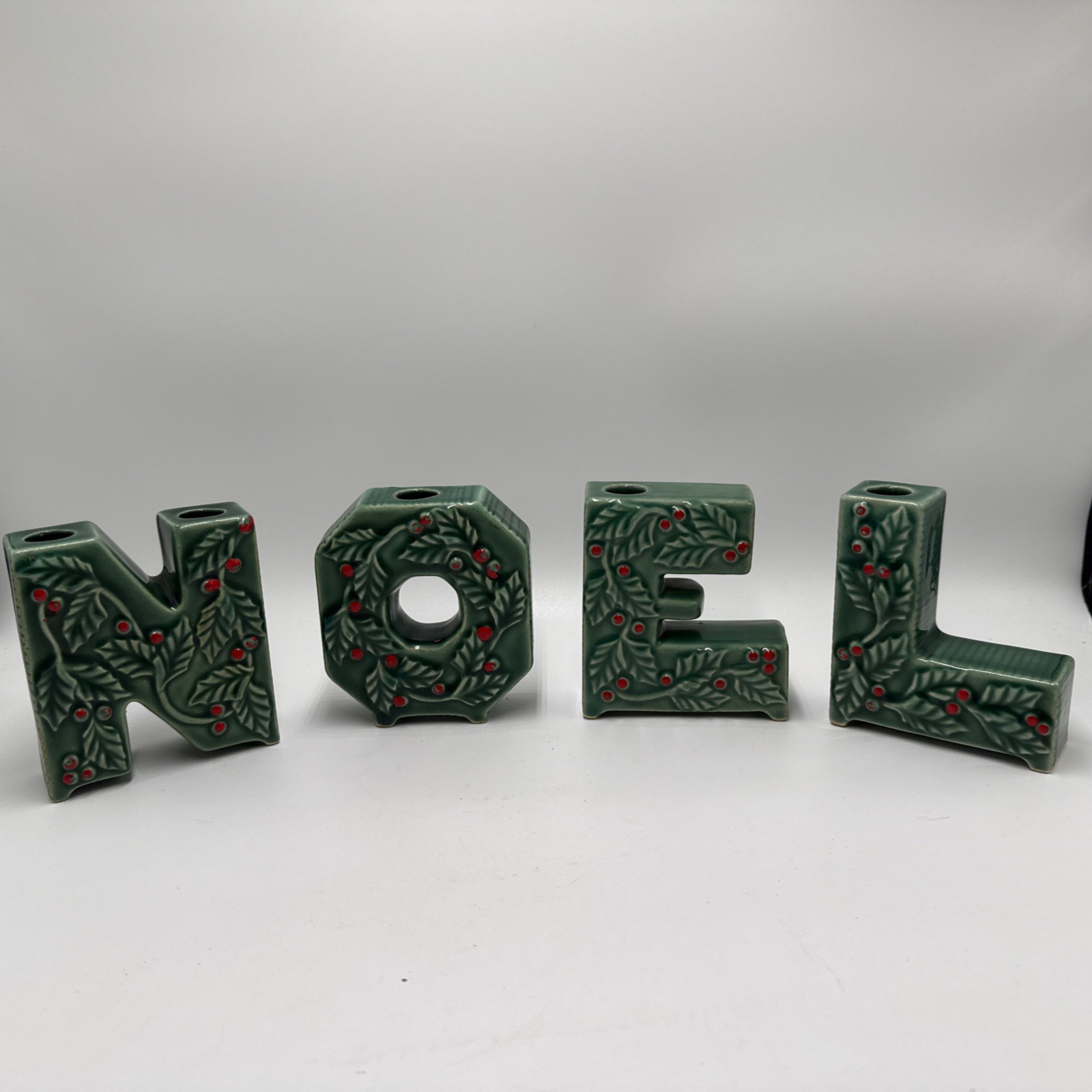Vintage Lipper & Mann Ceramic NOEL Holly Candle Holders Christmas 4\