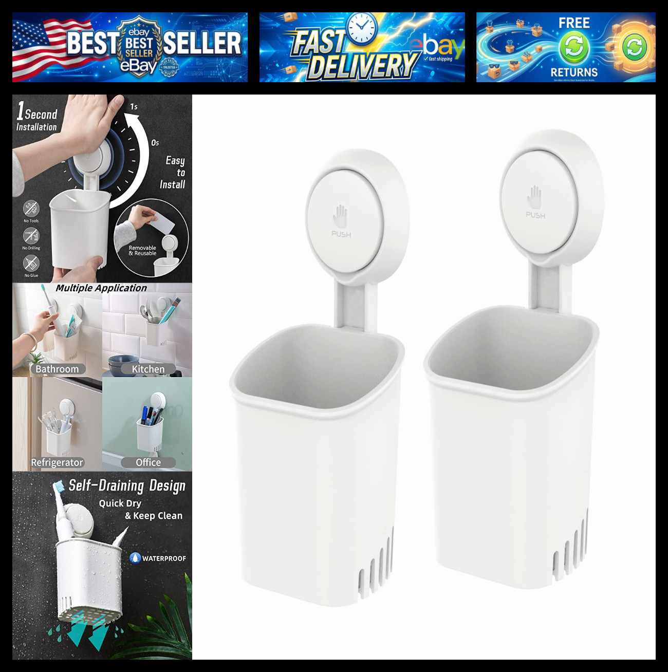 Powerful Suction Cup Toothbrush Holders for Bathroom 2Pack, White