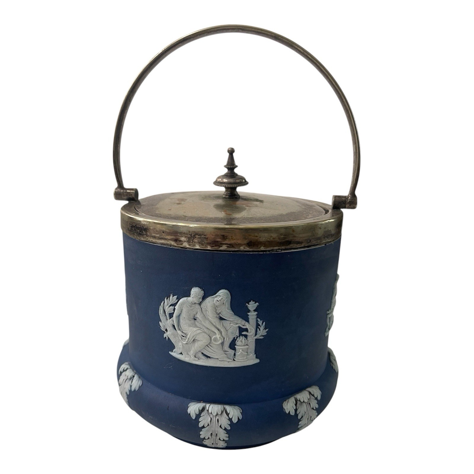 Wedgwood Blue JASPERWARE Antique Biscuit Barrel Jar & Silverplate Wedgwood Blue JASPERWARE Antique Biscuit Barrel Jar & Silverplate