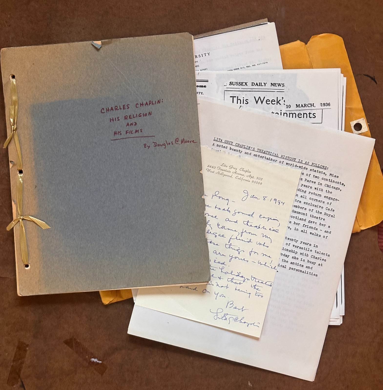 RARE 70\'s CHAPLIN & Religion book manuscript +LitaGrey autograph + ephemera lot