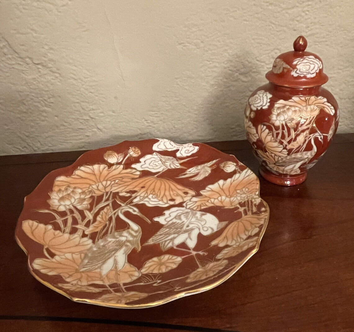 Vintage HFP Porcelain Ginger Jar & Plate Set-Macau HandPainted Red, Orange, Gold
