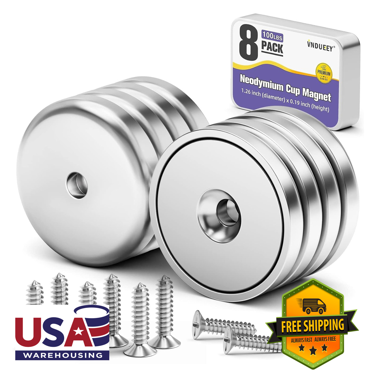 Neodymium Cup Magnets With Holes, 1.26 Inch, 100 Lbs Pull Force, 8 Pack, Steel